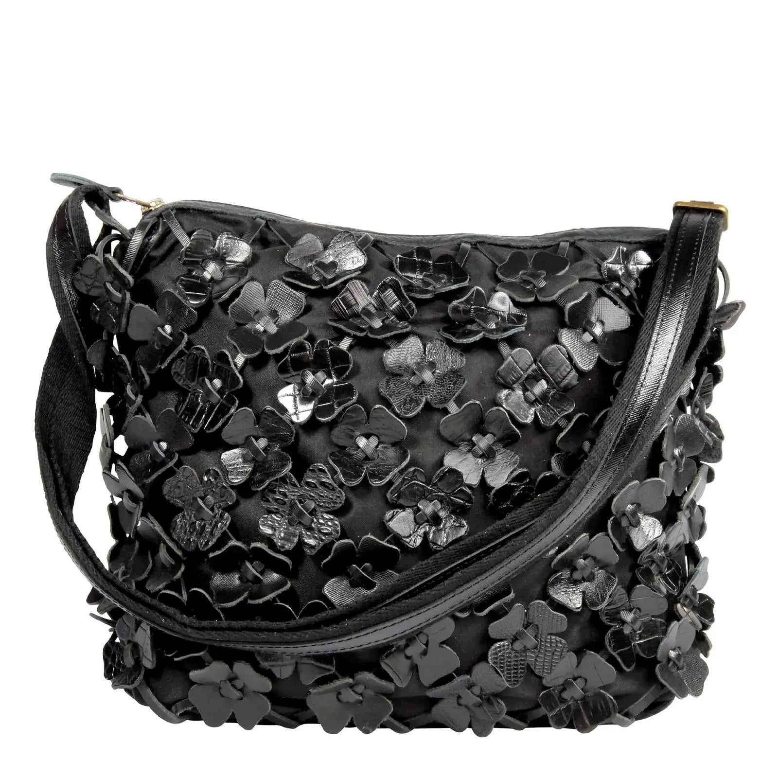 Abba Sort Skuldertaske med Skindblomster – Elegant Tilbud!
